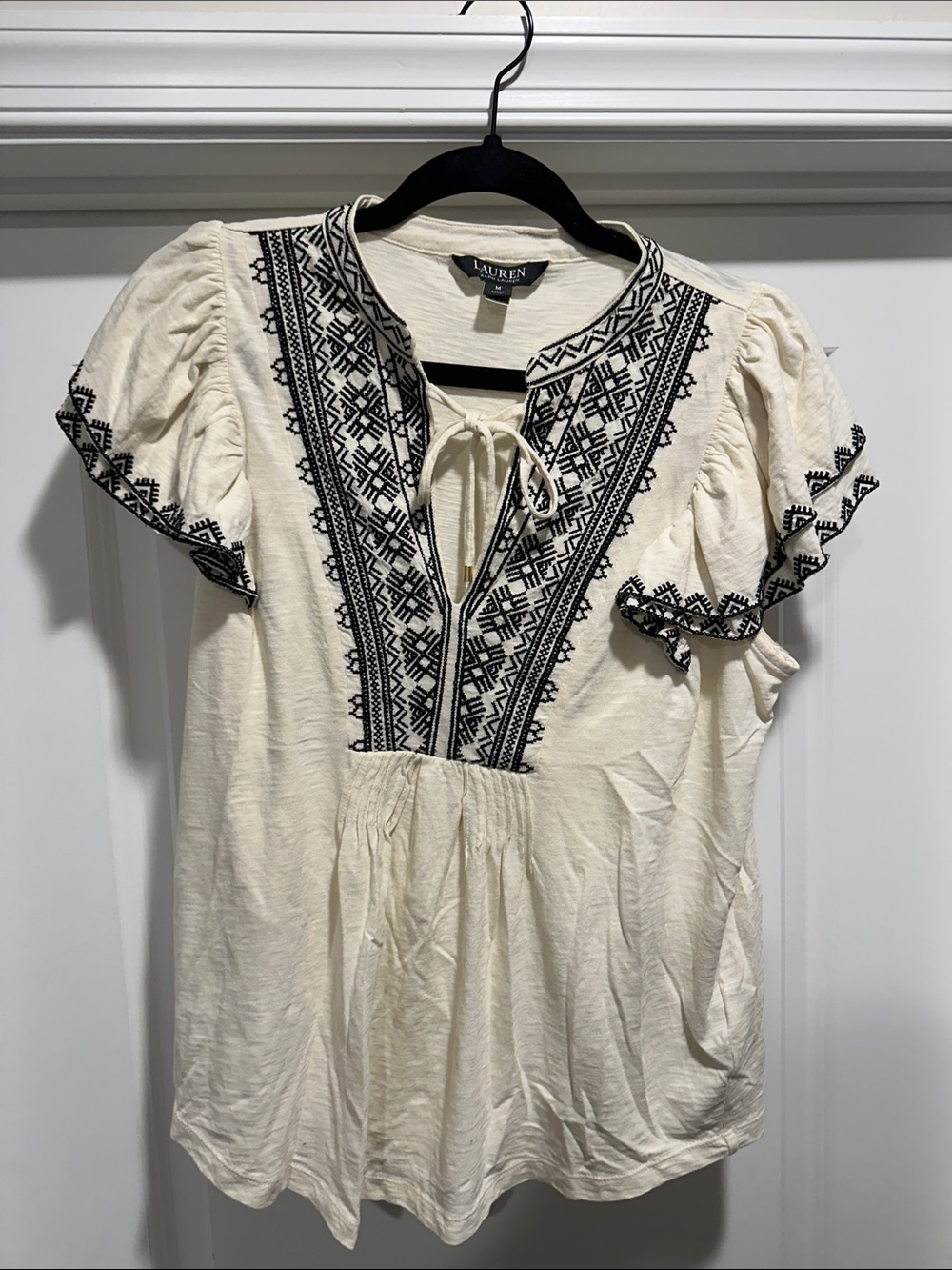 Lauren Ralph Lauren Cream Top with Black Embroidery